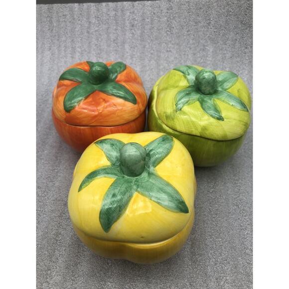 3 COLORFUL MINI CONDIMENT PEPPER SHAPED SERVING BOWLS w/LIDS (has chip) READ - Picture 7 of 10